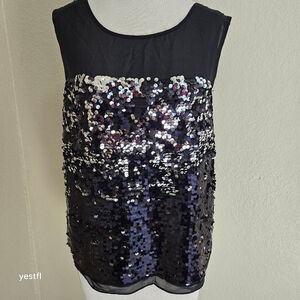 NWT BCBGMAXAZRIA Jannie crew neck contrast yoke Sequins top L